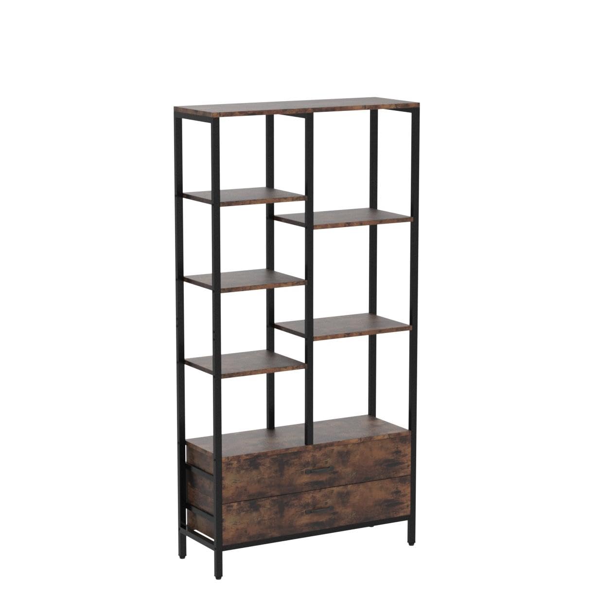 Modern Tall 5-Tier Bookshelf with Drawers by Tribesigns - Brown & Black Etagere Display Rack - WoodArtSupply