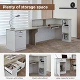 Huariifowm 110" L-Shaped Reception Desk with Counter, Drawers, Open Shelves and Keyboard Tray, Modern Front Desk for Office Reception Area, Oak+Warm White, Right Cabinet Huariifowm