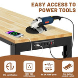 Hombanyan Heavy Duty Workbench, Solid Wood Working Bench Adjustable Height Rolling Work Tables with Power Outlets for Home Office, 1800 Lbs Capacity (Rubber Pad丨60 x22 丨Socket) Hombanyan