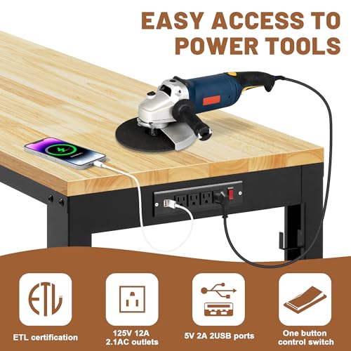 Antifir 48" Heavy Duty Workbench 1800 Lbs Capacity Solid Wood Working Bench Adjustable Height Work Tables with Power Outlets for Garage Shop Home Office Antifir