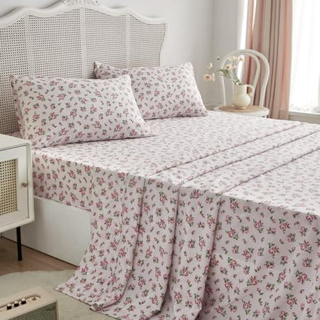 Wake In Cloud - Floral Bed Sheets, 4-Piece Sheet Set, Shabby Chic Flower Rose Pattern Printed Coquette Cottagecore Vintage Aesthetic Bedding, Deep Pocket, Light Pink, Twin Size Wake In Cloud