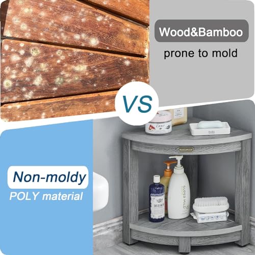 Waterproof Shower Bench for Inside Shower, Gray HDPS Corner Shower Stool for Shaving Legs, Poly Lumber Shower Foot Seat, Plastic Bathroom Shower Bench Seat with Storage Shelf, Non-Slip/No-Maintenance KaimuBench