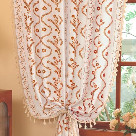 TIVNICO Boho Farmhouse Curtains for Living Room 2 Panels,Linen Floral Fall Curtains 84 Inches Long,Privacy Country Vine Pattern Bedroom Curtain,Let Light in Window Drapes Beige Color TIVNICO
