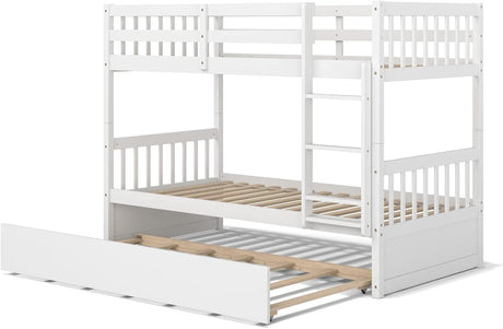 HOMGX Twin Over Twin Bunk Bed with Trundle, Wooden Removable Shelf Bunk Bed w/Ladder & Full Length Guardrail, Space-Saving Convertible Bunk Beds for Homes & Dorms (White) WoodArtSupply