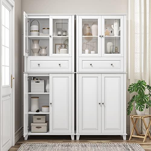 FACBOTALL 76'' Kitchen Pantry Storage Cabinet, Pantry Cabinet, Freestanding Kitchen Cupboard with Large Drawer, Doors, and Adjustable Shelves for Dining Room, Living Room, Laundry, White FACBOTALL