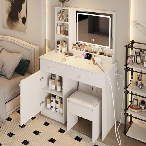 Vanity Set with Mirror and Stool and Lights, with Power Outlet,Dressing Table with Vanity Benches,for Girls Women with Storage Stool,for Bedroom with Chair (White) Wohh