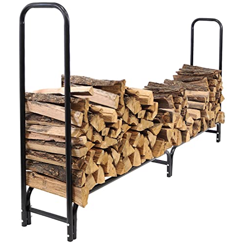 Sunnydaze Outdoor Firewood Log Rack and Cover Combo Set - Black Powder-Coated Steel and PVC - Black Fabric - 8-Foot Sunnydaze