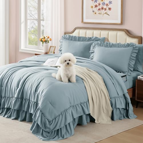 AMBERSPACE King Size Comforter Set Dusty Blue, Ruffle Shabby Chic Bedding Set Farmhouse 7 Pieces, All Season Fluffy Bed in a Bag with Sheets, Pillowcases & Shams AMBERSPACE