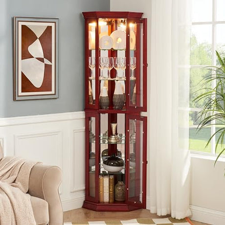 BAOMKONG Tall Corner Cabinet with Glass Doors, Lighted Glass Display Curio Cabinet with Adjustable Shelves, Home Office Floor Standing Display Cabinet for Bar, Liquor Storage and Medal, Cherry BAOMKONG