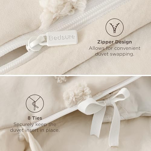 Bedsure Boho Duvet Cover Queen Size - Beige Tufted Boho Bedding, Farmhouse Shabby Chic Embroidery Bedding for All Seasons, 3 Pieces, 1 Soft Jacquard Queen Comforter Cover and 2 Pillow Shams Bedsure