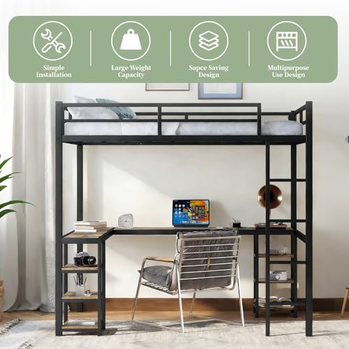 Sailret Full Metal Loft Bed with L-Shaped Desk and Shelves, Full Bed Frame with Ladder and Full-Length Guardrails, Space-Saving Bed for Bedroom, Black with Vintage Wood Desk Sailret