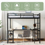 Sailret Full Metal Loft Bed with L-Shaped Desk and Shelves, Full Bed Frame with Ladder and Full-Length Guardrails, Space-Saving Bed for Bedroom, Black with Vintage Wood Desk Sailret