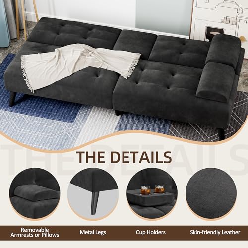 Shintenchi Futon Sofa Bed, Velvet Foldable Couch, Reclining Sleeper with Removable Armrests, Upholstered Loveseat Sofa Couch with Folding Cup Holders for Home, Office(Black) Shintenchi
