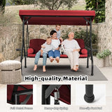 HOMREST 3 Seat Outdoor Porch Swing with Adjustable Canopy, Convertible Patio Swing Bed with Stand, Patio Glider Swing with Upgraded Cup Holder, Thicken Cushions ＆ Pillow for Backyard (Wine Red) HOMREST