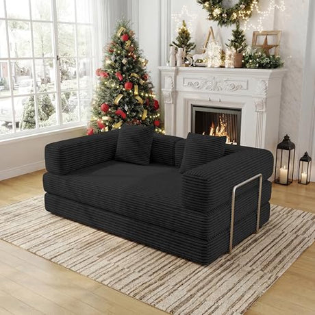 BSHOMGI 4 in 1 Futon Sofa Bed Queen Size - Foldable Convertible Sleeper Couch,Teddy Foam-Filled Compressed Couch Removable Corduroy Cover, Space Saving Sofas for Bedroom & Dorm (Black, 59” 2 Seat) BSHOMGI
