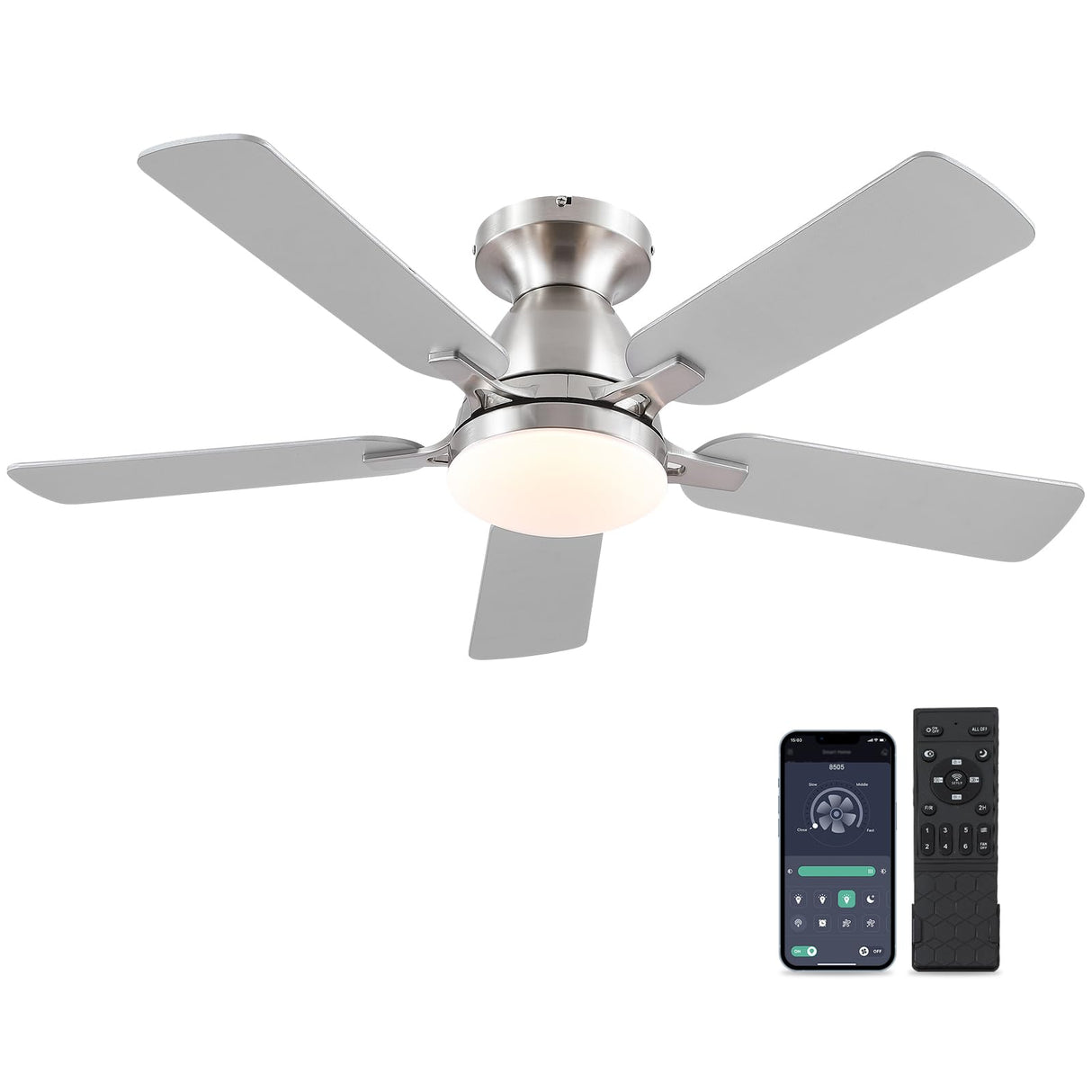 Mpayel Ceiling Fans With Lights and Remote/APP Control,46" Flush Mount Ceiling Fan Dimmable DC Motor，Low Profile Ceiling Fan for Bedroom,Living Room,Brushed Nickel Mpayel
