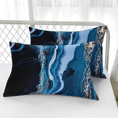 Nttopship Blue Marble Comforter Set Queen Size Deep Blue Marble Bedding Set Soft Microfiber Minimalist Wind Comforter Sets 3 Pieces with 2 Pillowcases Nttopship