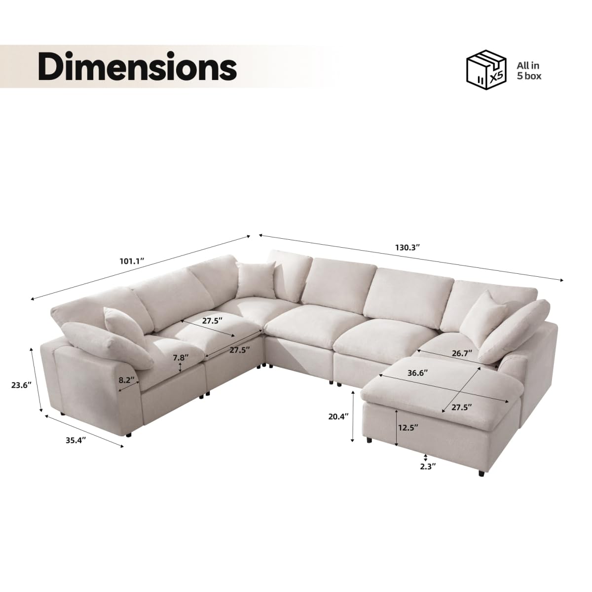 Siiejia Cloud Couch Modular Sectional Sofa Modern Oversized Couches with Ottoman 7 Seater L-Shaped Sofas Comfy Couches for Living Room Spacious Space Apartment Lounge, Cream Siiejia