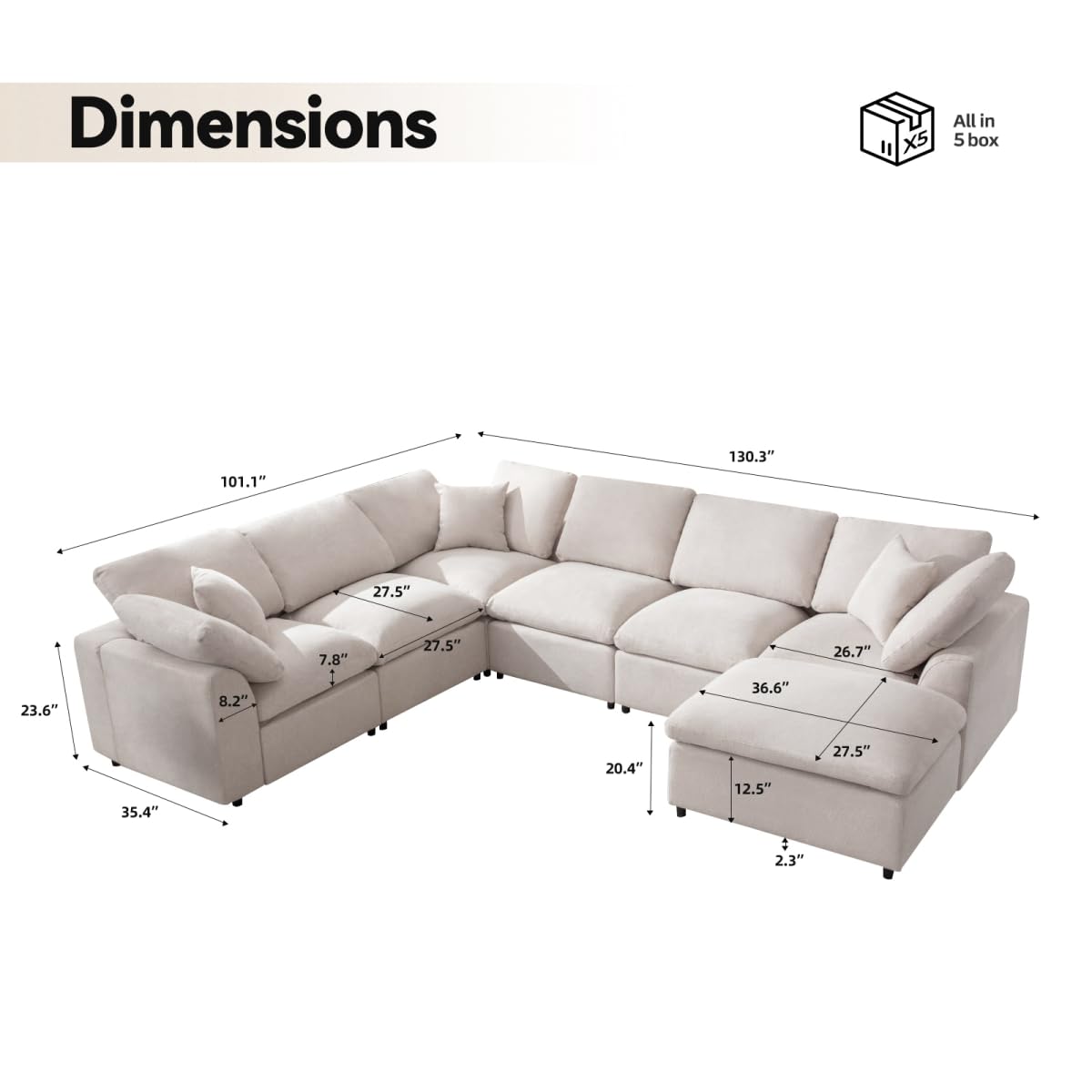 Siiejia Cloud Couch Modular Sectional Sofa Modern Oversized Couches with Ottoman 7 Seater L-Shaped Sofas Comfy Couches for Living Room Spacious Space Apartment Lounge, Cream