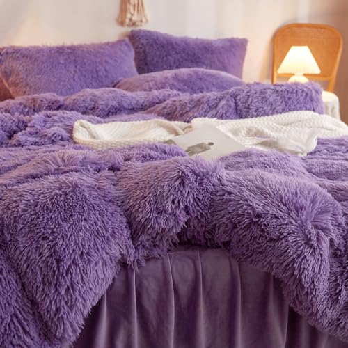 HAIHUA Faux Fur Purple Comforter Cover Queen Set, Soft Fuzzy Plush Purple Bedding Queen Set 3 Pieces (1 Furry Duvet Cover + 2 Fluffy Pillow Cases) Shaggy Bed Set, Zipper Closure HAIHUA