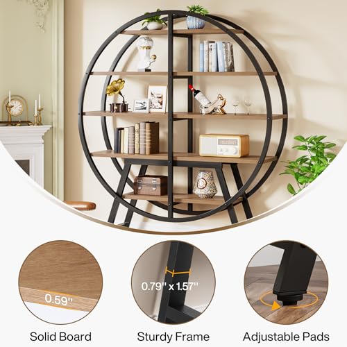Tribesigns 67-Inch Industrial Round Etagere Bookshelf - 5-Tier Oak and Metal Display Stand Tribesigns
