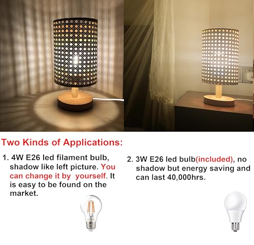 AFORTLO Table Desk Lamp,Small Rattan Hollow-Out Bamboo Boho Decorative Nightstand Night Light Solid Wood Base Lamp for Bedroom,Living Room,End Table or Office with Bulb(Rattan Hollow-Out) AFORTLO