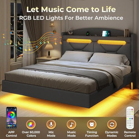 ADORNEVE Full Size Floating Bed Frame with RGB LED Lights and Charging Station, Upholstered Platform Bed Frame with Storage Shelf Headboard, Solid Wood Slats, Noise Free, Easy Assembly, Dark Grey ADORNEVE