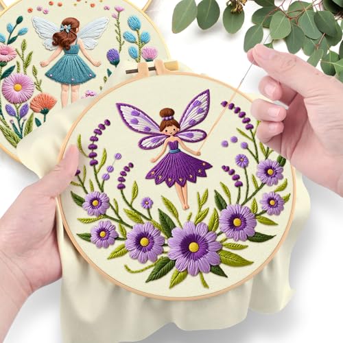 ERKOON Embroidery Kit for Beginners, 2 Set Flower Cross Stitch Set Include Embroidery Cloth Hoops Threads for Craft Lover Hand Stitch with Embroidery Skill Techniques (Angel)