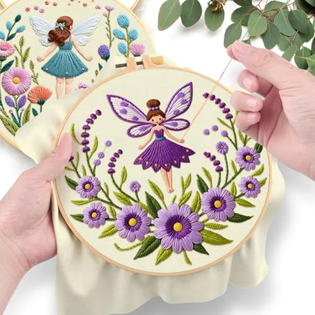 ERKOON Embroidery Kit for Beginners, 2 Set Flower Cross Stitch Set Include Embroidery Cloth Hoops Threads for Craft Lover Hand Stitch with Embroidery Skill Techniques (Angel) ERKOON