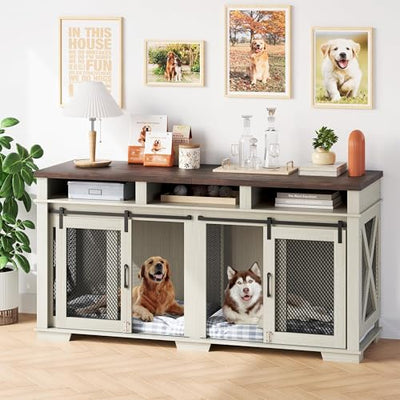 71" Dog Crate Furniture for 2 Dogs Large Double Kennel with Removable Divider, 3 Storage Drawers & Sliding Barn Door, Furniture Style Pet Crate As TV Stand for Living Room