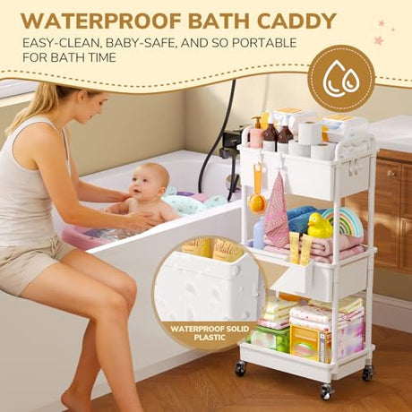 Goovilla Diaper Cart with Lockable Wheels and Easy Assembly, 3 Tier White Rolling Cart for Baby Nursery Storage, Sturdy Ample Diaper Caddy Organizer for Baby Girl, Boy, New Mom, Newborn Essentials Goovilla