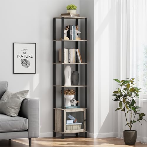 TUTOTAK 6-Tier Greige Narrow Bookcase with Door for Small Spaces - WoodArtSupply