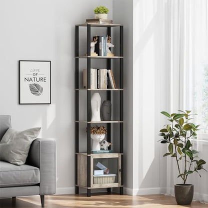 TUTOTAK 6-Tier Greige Narrow Bookcase with Door for Small Spaces - WoodArtSupply