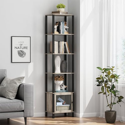 TUTOTAK 6-Tier Greige Narrow Bookcase with Door for Small Spaces