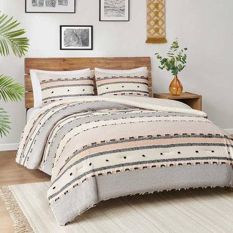 Hyde Lane Boho Queen Comforter Set, Modern Farmhouse Full Size Bedding, Cotton Top with Neutral Rustic Clipped Jacquard Stripes, Tufted Bed Sets, 3-Pieces Including Matching Pillow Shams (90" x 90") Hyde Lane
