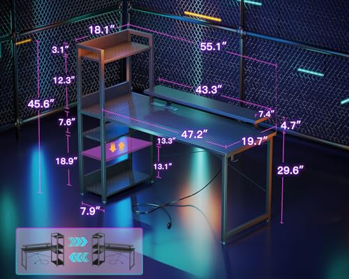 ODK 55 Inch Reversible Gaming Desk with USB Charging & Storage Solutions in Carbon Fiber Black ODK