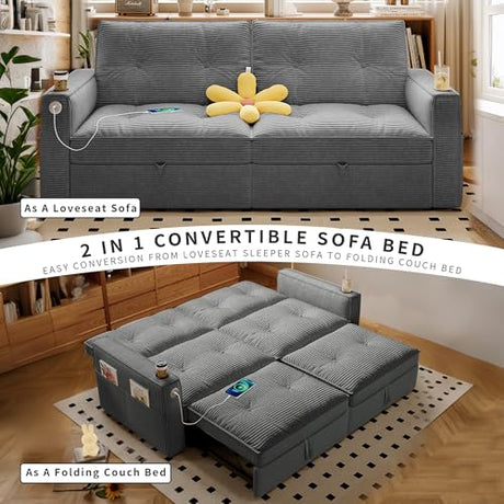 Tabaray 73.2'' Futon Sofa Bed Full, Convertible Pull Out Couch with Adjustable Backrest, Pre-Assembled Corduroy Sleeper Sofa, 2 Cup Holders & Pockets, USB, Loveseat for Living Room, Apartment, Grey Tabaray