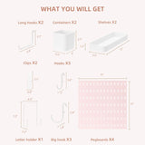 VUSIGN Pegboard Combination Wall Organizer Kit, 4 Pieces Pegboards and 17 Accessories Modular Hanging, Wall Mount Display Peg Board Panel Kits for Bedroom, Home, Office, Bathroom, 22" x 22", Pink VUSIGN