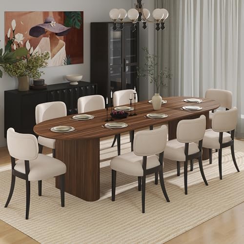 SIZOTA 59" to 91" Extendable Dining Table Set for 4-8, Oval Kitchen Table with MDF Faux Wood Tabletop and 8 Upholstered Solid Wooden Chairs, Space-Saving Kitchen & Dining Room Furniture (Walnut) SIZOTA
