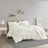 Intelligent Design Malea Shaggy Duvet with Quilted Box Design, Long Faux Fur Comforter Cover Cozy Bedding Set, Matching Shams, (Insert Not Included) Full/Queen, Ivory 3 Piece, 90x90 Intelligent Design
