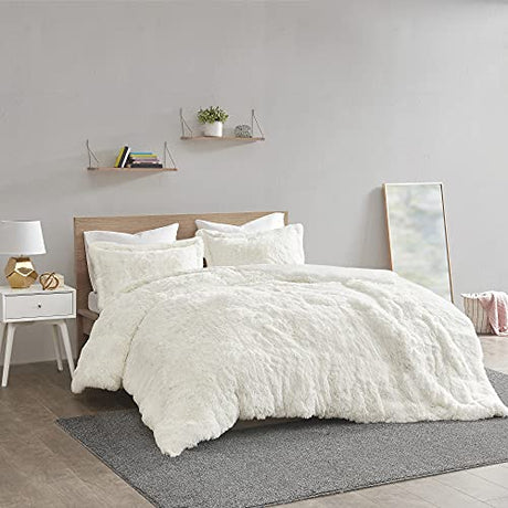 Intelligent Design Malea Shaggy Duvet with Quilted Box Design, Long Faux Fur Comforter Cover Cozy Bedding Set, Matching Shams, (Insert Not Included) Full/Queen, Ivory 3 Piece, 90x90 Intelligent Design