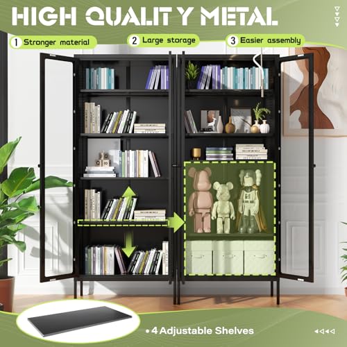 Crownland Metal Storage Cabinet with Glass Doors, Display Curio Glass Cabinet with 4 Adjustable Shelves, Tall Modern Office Storage Cabinet for Bedrooms, Living Room, Pantry(Black) Crownland