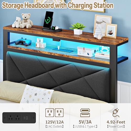 ChicZhiNest Twin Size Bed Frame with 2 Tier Upholstered Storage Headboard and Under Bed Storage,Platform Bedframe with LED Lights and Charging Station, No Box Spring Needed,Easy Assembly,Grey ChicZhiNest