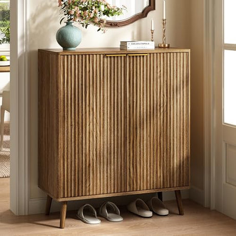 Sscaktu Fluted Shoe Cabinet with Doors, 5-Tier Shoe Storage Cabinet with Adjustable Shelves, Wooden Freestanding Shoe Organizer Shoe Cabinet for Entryway,Hallway,Living Room, Natural Oak Sscaktu