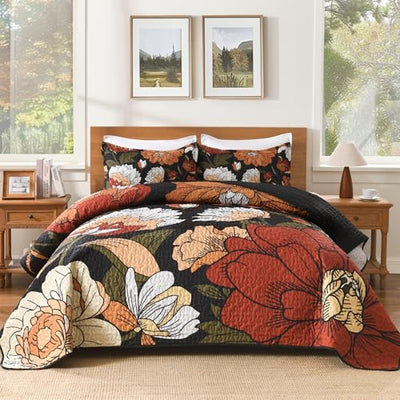 Andency Floral Boho Quilt King Size Bedding Set Black, 3 Pieces Farmhouse Flower Botanical Summer Bedspreads with 2 Shams, Soft Reversible Lightweight Microfiber Coverlet Set for All Season, 106"x96"