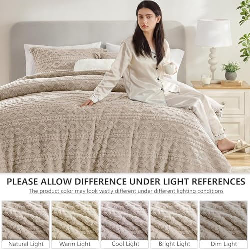 Homelike Moment Fluffy Comforter Set Queen Size, Beige Warm Fleece Comforter Full Size Bed Set for Winter 3 Piece Homelike Moment