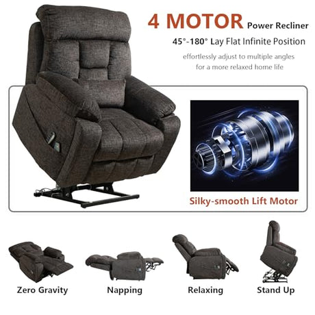 FuPatio 4 Motor Power Lift Recliner Chair for Elderly, 400LBS Big Man Oversized Lay Flat Recliner with Massage Heat, Zero Gravity Electric Lift Chair, Adjustable Headrest, Cup Holders,Dark Grey FuPatio