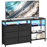 BTHFST TV Stand Dresser Bedroom for 60 Inch TV with LED Lights & Charging Station, Changable L Shape Corner TV Stand, 6 PU Drawers, 3 Open Shelves Entertainment Center (Black) BTHFST