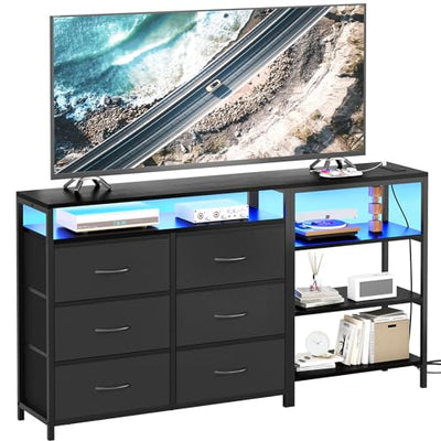 BTHFST TV Stand Dresser Bedroom for 60 Inch TV with LED Lights & Charging Station, Changable L Shape Corner TV Stand, 6 PU Drawers, 3 Open Shelves Entertainment Center (Black)