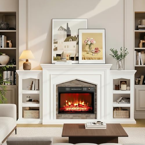 LGHM 80" Fireplace TV Stand for TVs Up to 90 Inch, Electric Fireplace with Mantel, Modern Entertainment Center with Storage, Realistic Stacked Stone Surround and 3D Flame Effect for Living Room LGHM